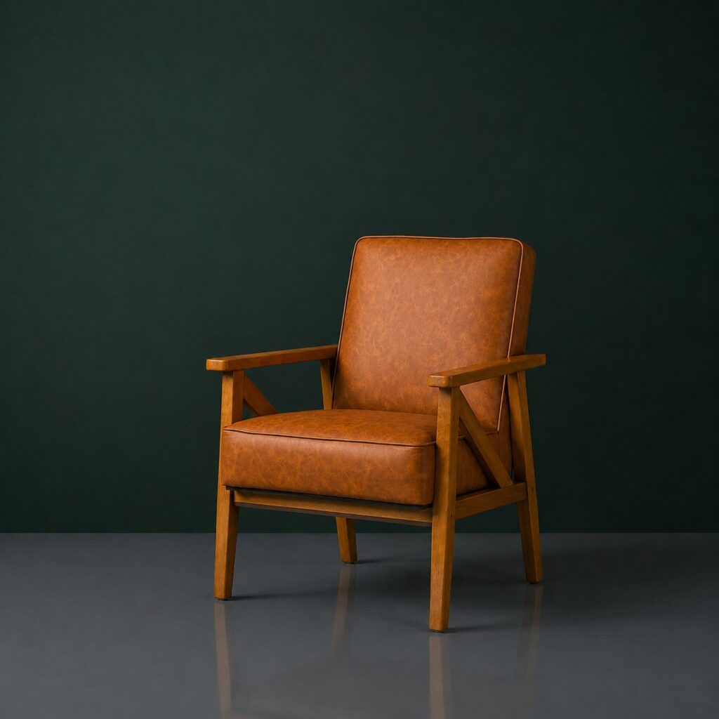 Tan leather armchair with a solid wood frame against a dark green wall